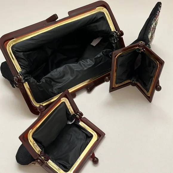 Vintage Tapestry Matching Set Purse Handbag Clutch Coin Purse Glasses Pouch 3pc - Picture 3 of 10